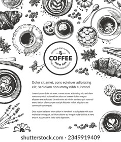 Vector hand-drawn illustration, cafe menu template. Coffee drinks and snacks, such as cookies and croissants. Paper cup and mugs. Drinks in cups with pastries and cute flowers. Top view picture.