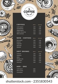 Vector hand-drawn illustration, cafe menu template. Coffee drinks and snacks, such as cookies and croissants. Paper cup and mugs. Drinks in cups with pastries and cute flowers. Top view picture.