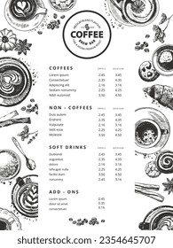 Vector hand-drawn illustration, cafe menu template. Coffee drinks and snacks, such as cookies and croissants. Paper cup and mugs. Drinks in cups with pastries and cute flowers. Top view picture.