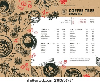 Vector hand-drawn illustration, cafe menu template. Coffee drinks and snacks with coffee plant elements: leaves, berries, coffee beans. Hot drinks in cups with pastries on the table. Top view picture.