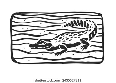 Vector hand-drawn illustration of caiman in water isolated on white. Stamp with wild Brazilian animal in sketch style.
