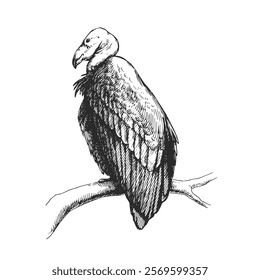 Vector hand-drawn illustration of California Condor. Black and white sketch of largest bird. Wild animal of North America.