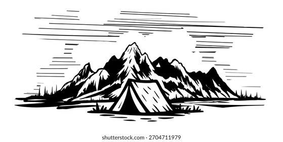 Handgezeichnete Vektorgrafik des Campingplatzes mit Zelt und Bergen auf Hintergrund.