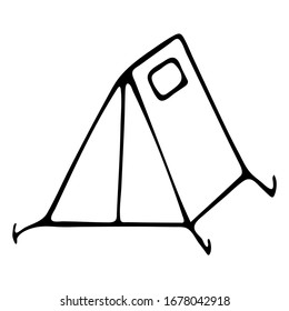 Vector hand-drawn illustration of a camping tent on an isolated white background, black outline.  