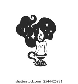 Vector hand-drawn illustration of candle in candlestick. Black and white sketch of witch accessory for magic design.
