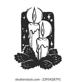 Vector hand-drawn illustration of candles with fir branches. Black and white sketch of Christmas decorations in cartoon style.