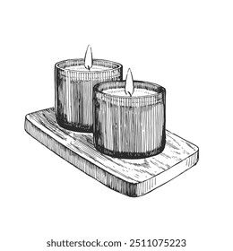 Vector hand-drawn illustration of candles in glass jars on wooden board. Sketch accessories for spa design.