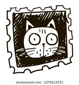 Vector hand-drawn illustration of a cartoon cat in the style of linocut, strokes with a pen. A stamp with a Halloween symbol, an animal. Black and white portrait. Ink strokes, sketch. Handmade work