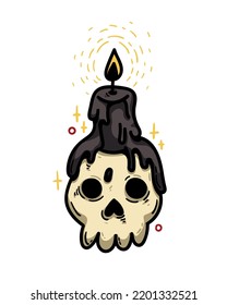 Vector hand-drawn illustration. Cartoon color clipart - skull-candlestick with a burning candle.