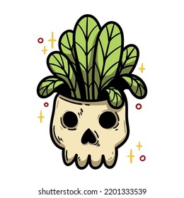 Vector hand-drawn illustration. Cartoon color clipart - skull-flower pot.
