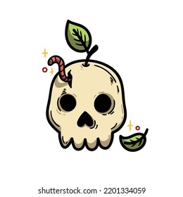Vector hand-drawn illustration. Cartoon color clipart - skull-apple with a worm.