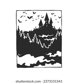 Vector hand-drawn illustration with a castle in the forest and a flock of bats flying across the sky. Stamp with Halloween symbol.