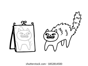  Vector hand-drawn illustration of a cat scared of its reflection in the mirror