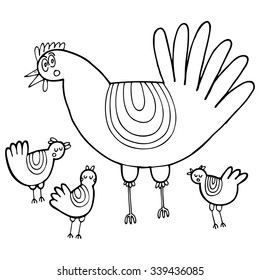 Vector hand-drawn illustration with chicken in a village. Farm animal.