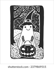 Ilustración de vectores dibujada a mano con un niño vestido como un fantasma. Trick-or-Treater en disfraz de Halloween con calabaza de linterna al estilo de linocut. 