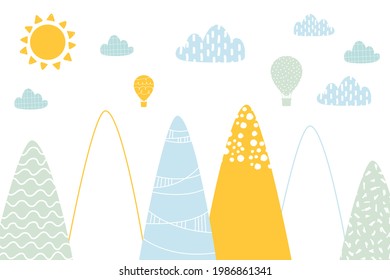 Vector. Hand-drawn illustration with children's mountains. Cute mountains, air balloons in the sky and clouds. Illustration for children's wallpaper. Scandinavian dots and stripes clouds.