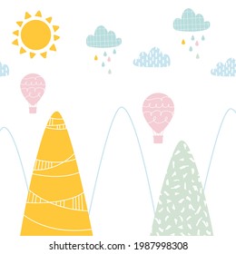 Vector. Hand-drawn illustration with children's mountains. Cute mountains, air balloons in the sky and clouds. Illustration for children's wallpaper. Scandinavian dots and stripes clouds.