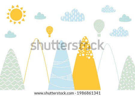 Vector. Hand-drawn illustration with children's mountains. Cute mountains, air balloons in the sky and clouds. Illustration for children's wallpaper. Scandinavian dots and stripes clouds.