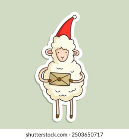 Vector hand-drawn illustration of a Christmas sheep with a letter. Cute New Year's character in a Santa hat for holiday decoration.