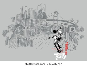 Vector, hand-drawn illustration of city in sketch style and silhouette of skateboarder.