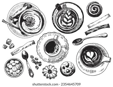 Vector hand-drawn illustration. Coffee drinks and pastries. Hot drink in cup on the table, top view. The artwork is complemented by images of coockies, spoons, sugar and coffee beans