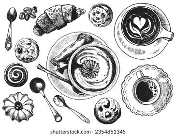 Vector hand-drawn illustration. Coffee drinks and pastries. Hot drink in cup on the table, top view. The artwork is complemented by images cookies, spoons, sugar and coffee beans