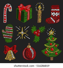 Vector hand-drawn illustration collection of christmas attributes and symbols in cartoon or decorative embroidery style. Design best for posters, banners, patterns, fabric prints, cards.