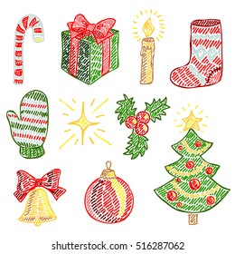 Vector hand-drawn illustration collection of christmas attributes and symbols cartoon or decorative embroidery style. Design best for posters, banners, patterns, fabric prints, cards.