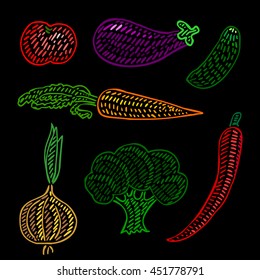 Vector hand-drawn illustration collection of vegetables on dark background in cartoon or decorative embroidery style. Design best for posters, banners, patterns, fabric prints, cards, restaurant menu