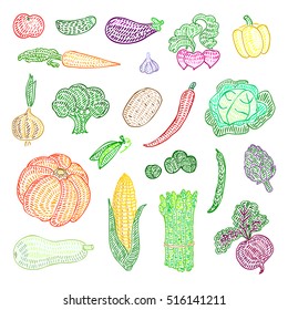 Vector hand-drawn illustration collection of vegetables on white background in cartoon or decorative embroidery style. Design best for posters, banners, patterns, fabric prints, cards, restaurant menu