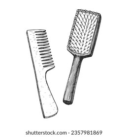 Vector hand-drawn illustration with combs in engraving style. Black and white sketch of hairbrushes isolated on white.