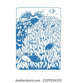 Vector hand-drawn illustration with coral reef with sea fishes. Ocean floor with marine plants. Underwater life in linocut style.