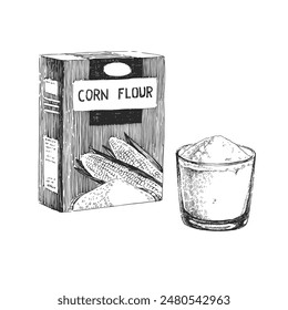 Vector hand-drawn illustration of corn flour in a paper box and in a glass. A sketch of a paper pack and a tumbler with cornmeal.