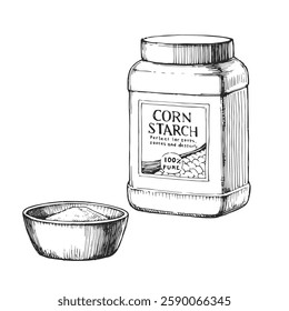 Vector hand-drawn illustration of corn starch in plastic jar. Black and white sketch of cooking ingredient.