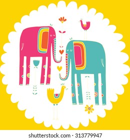 Vector hand-drawn illustration with cote colorfull elephants