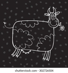 Vector hand-drawn illustration with cow in a village