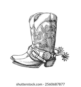 Vector dibujado a mano ilustración de botas de vaquero. Zapatos pioneros americanos. Bosquejo en blanco y negro del símbolo del Salvaje Oeste. Estilo de grabado.