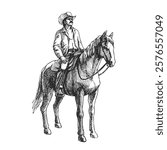 Vector hand-drawn illustration of cowboy on horse. Black and white sketch of horseman. Wild West.