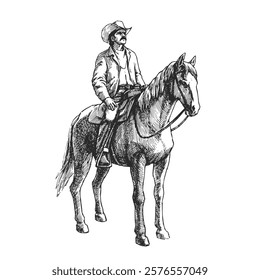 Vector hand-drawn illustration of cowboy on horse. Black and white sketch of horseman. Wild West.