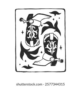 Vector hand-drawn illustration of cowboy shoes with ornamental elements. Black and white sketch of boots with spurs. Wild West symbol.