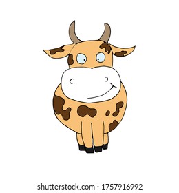 Vector hand-drawn illustration of a cow.Cute cartoon animal on a white background.