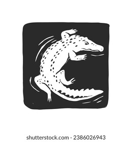 Vector hand-drawn illustration of crocodile on water. Sketch in frame with reptile. Biological stamp design. Australian animal.