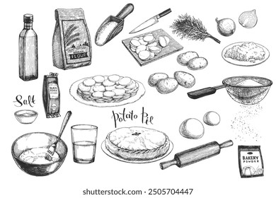 Vector hand-drawn illustration of culinary recipe in engraving style. Sketches of flour, oil, potatoes, onions and other ingredients and equipment for making potato pie.