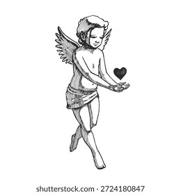 Vector dibujado a mano ilustración de un cupido con el corazón en estilo de grabado. Boceto de angelito para el diseño de San Valentín.