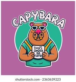 Vector handdrawn illustration, cute capybara with the inscription Don t worry be capy, trend. Idea for poster, postcard, sticker.  