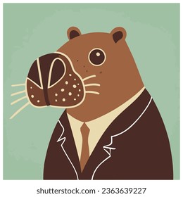 Vector handdrawn illustration, cute capybara in a suit, trend. Idea for poster, postcard, sticker.  