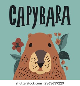 Vector handdrawn illustration, cute capybara, trend. Idea for poster, postcard, sticker.  