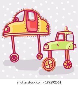 Vector hand-drawn illustration with cute cars.