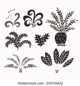 Vector hand-drawn illustration with  cute cartoon doodle palm trees and flowers. Jurassic Park.