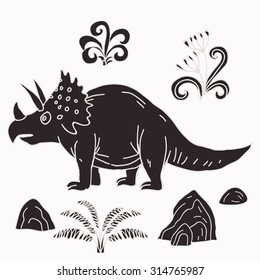 Vector hand-drawn illustration with  cute cartoon doodle dinosaur. Jurassic Park.